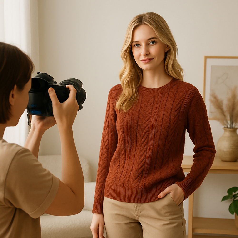 Fotografia de produtos profissional de modelo ambientada com sistema de inteligência artificial